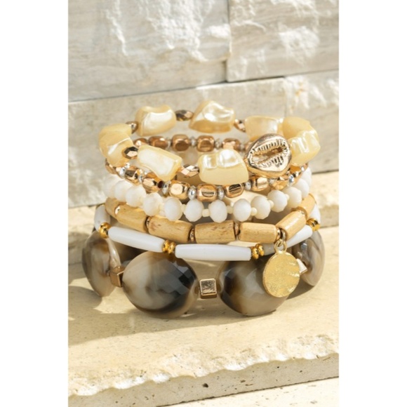 Jewelry - SOLD OUT Island Dreams Boho Wood Metal Stone Glass Bead Coin Stretch Bracelet